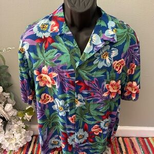 80s Hawaiian Tropical Floral Button Up Aloha Shirt Jungle Vintage Blue Medium